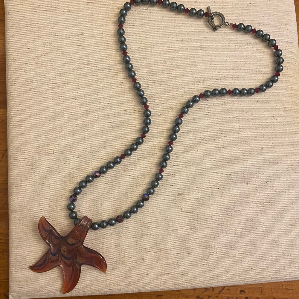 Handmade Glass Starfish Pendant Necklace with Pearls and Swarovski Crystals